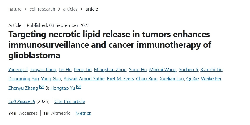 Targeting necrotic lipid release in tumors enhances immunosurveillance and cancer immunotherapy of Glioblastoma.